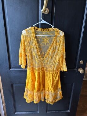 Yellow Crochet Lace V-Neck Women's Shirt